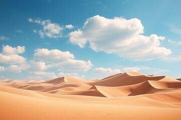 Fototapeta na wymiar Desert landscape with sand dunes under the blue sky with white clouds. Modern minimal aesthetic wallpaper