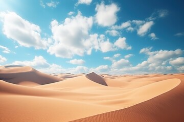 Fototapeta na wymiar Desert landscape with sand dunes under the blue sky with white clouds. Modern minimal aesthetic wallpaper