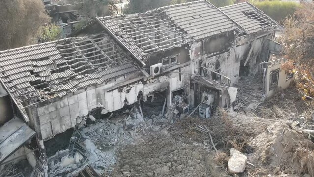 Destroyed home in kibbutz Beeri after terror attack, Aerial
The kibbutz of Bari was attacked by the Hamas terrorist organization on October 7th, drone view, December,2023
