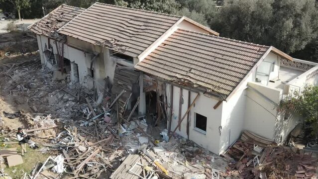 Destroyed home in kibbutz Beeri after terror attack, Israel, Aerial
The kibbutz of Bari was attacked by the Hamas terrorist organization on October 7th, drone view, December,2023
