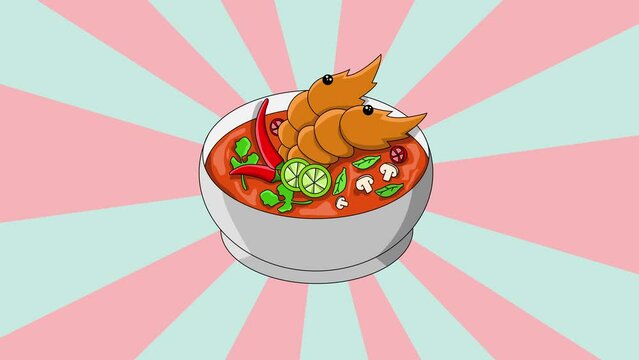 Animated icon of Tom Yam, a typical Thai food with a rotating background
