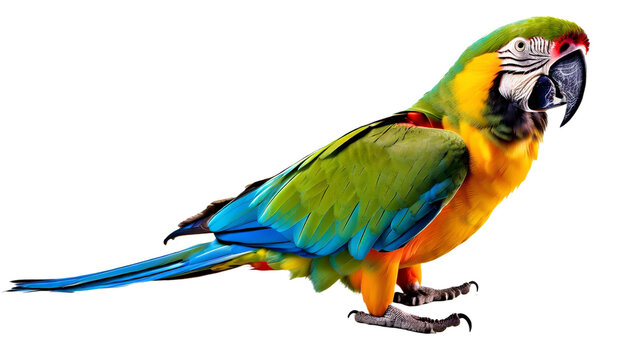 perroquet ara de couleurs bleu vert orange et jaune, vue de c&ocirc;t&eacute;, fond blanc Isol&eacute;