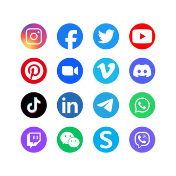Social media logos collection icons. Popular social networks large collection editorial logos icons. Isolated social media logo collection set. Vector icons