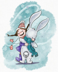 Girl and rabbit embracing