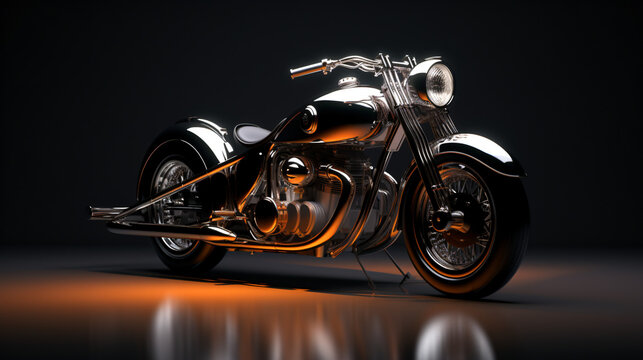 Vintage Black and Chrome Back lit Motorcycle 3d illustration