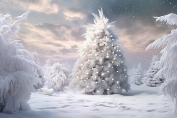 Illuminated Christmas tree in snowy forest. Winter holiday background