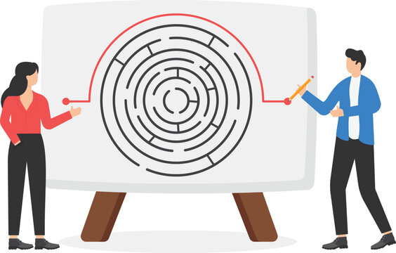 Workaround or solution to bypass problem or difficulty, creativity to overcome obstacles or solving business problems, avoiding path concept, businessman genius draw workaround line to solve labyrinth