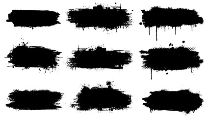 Black dried paint splattered in dirty style. Grunge design elements collection set vector illustration - obrazy, fototapety, plakaty