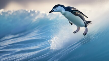 a penguin jumping out of the water - obrazy, fototapety, plakaty