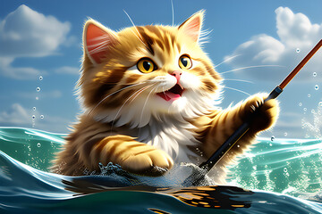 A cat fishing hard in the sea, isn't it so lovely?
Generative AI - obrazy, fototapety, plakaty