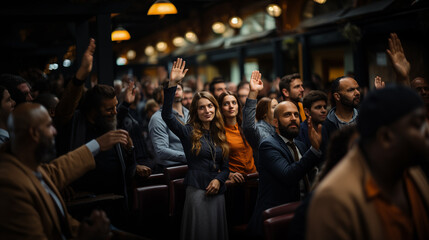 At a professional business seminar, a diverse audience raises their hands in an important decision