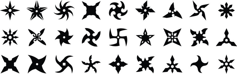 Set of ninja stars icons, Black vector silhouettes isolated on white background
