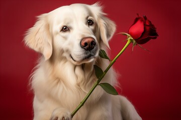 Valentines Day card with Golden Retriever dog with a beautiful red rose on a red background
