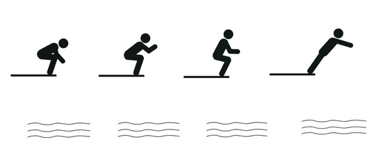 A set of different poses of a person jumping into a pool. Flat vector illustration, pictogram of a man jumping into a pool, for web design, isolated on a white background