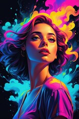 digital art bold neon colors, cartoon style illustration of a woman as she sees the world while experiencing hallucinations