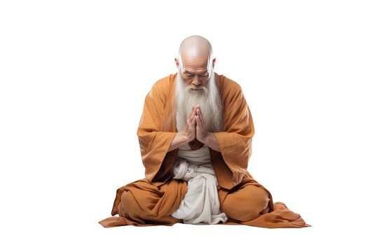 Old Shaolin Monk with white beard praying with orange tunic sitting on the ground on a cutout PNG transparent background