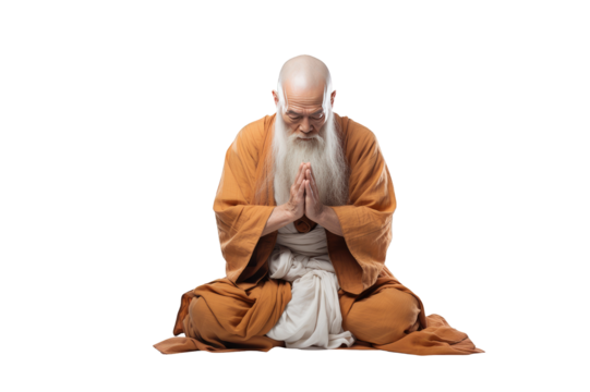 Old Shaolin Monk with white beard praying with orange tunic sitting on the ground on a cutout PNG transparent background