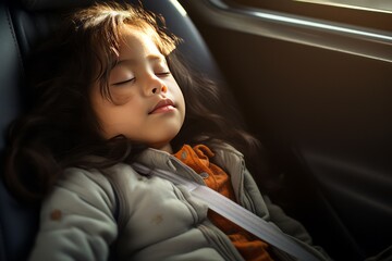 An Asian girl in a gray sweatshirt sitting in a car seat wearing seat belts. Safe transportation of children in transport. - obrazy, fototapety, plakaty
