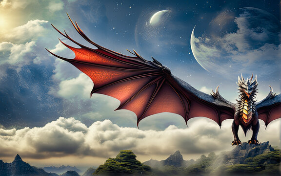 A dragon with wings on a mountain top, a symbol of 2024 according to the Chinese calendar. Year of the Dragon. Image with space for text and copy space