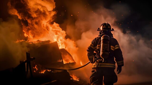 Fireman extinguish fire with the hose. Burning house fire drill. High quality 4k footage. Firefighter with fire out of control. Fire burning and smoke moving