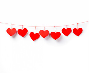 Red hearts hanging on line against white backdrop. Valentines day or Love themed wallpaper.
