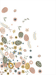 Happy Easter Banner. Pattern of eggs, flowers and twigs. For card, banner, poster, flyer, and web. Spring Festival. Vector illustration