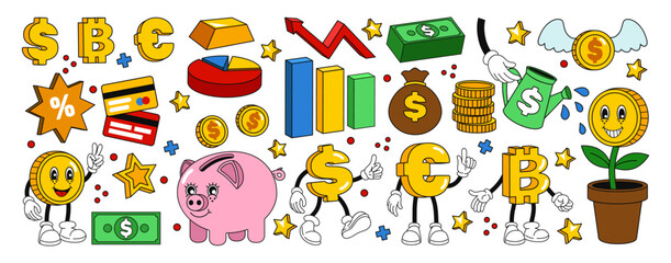 Money stickers. Cartoon coin characters, comic pay as finance icon, save and invest cash, piggy bank. Groovy vintage elements. Currency funny symbols. Vector tidy isolated financial illustration