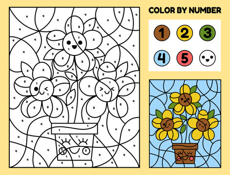 Game spring worksheet. Puzzle kawaii coloring. Easter kids flowers. Colors by numbers. Funny sunflowers. Logic game. Contour drawing. Find paints. Kindergarten task. Vector book education tidy page