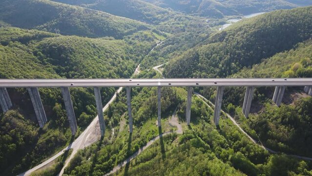 Aerial view of Vitinya Pass and Hemus (A2) motorway, Sofia Region, Bulgaria
