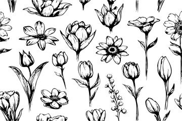 Set of tiny wild flowers and plants, vector botanical illustrations. Fashionable collection of flowers drawn in black ink. Modern design for logo, tattoo, wall art, branding and packaging. - obrazy, fototapety, plakaty