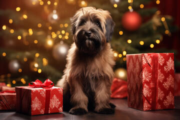 Briard puppy sitting on a wooden floor among red Christmas presents, decorated tree in the background