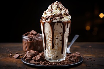 Heavenly chocolate milkshake with whipped cream and chocolate drizzle, a decadent and indulgent beverage