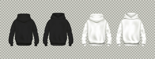 Apparel mockup, template sweatshirt. Clothes merchandise, black and white jumper, casual jacket, textile hoodie front and back view, empty print. Vector realistic sport and casual fashion collection