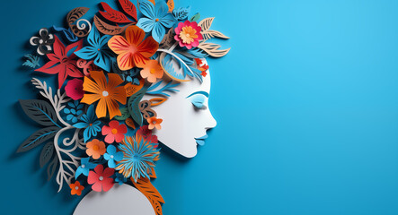Abstract decorative female silhouette in profile with flowers in her hair as a symbol of spring, illustration for women's Day on March 8, copy space.