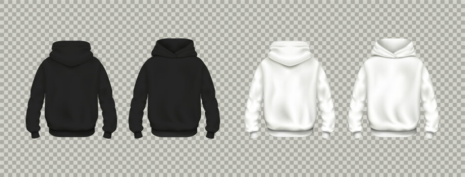 Apparel mockup, template sweatshirt. Clothes merchandise, black and white jumper, casual jacket, textile hoodie front and back view, empty print. Vector realistic sport and casual fashion collection