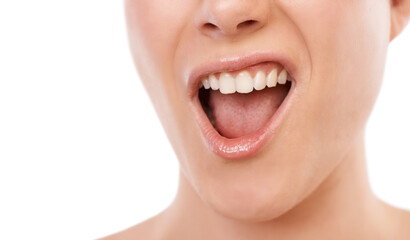 Woman, teeth and smile for dentist, mouth hygiene or dermatology against a white studio background....