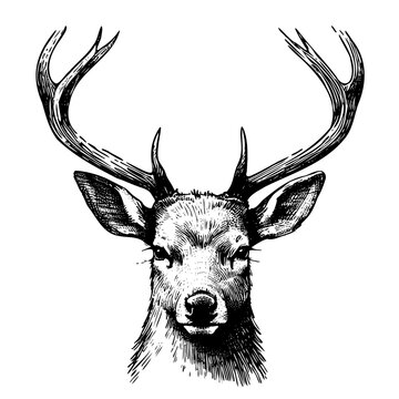 Portrait realistic engraving of deer isolated black and white vector background. Emblem portrait realistic deer vector illustration isolated. Wild animal