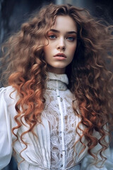Fototapeta premium young pretty woman with curly hair wearing a white lace top and jacket, ai generative