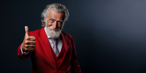 A successful and elegant elder wearing an classy red suit, thumb up on an empty dark background with copy space. Active lifestyle concept for seniors.