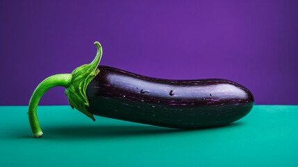 Dark purple eggplant on duotone violet green background. Conceptual trendy image creative food poster