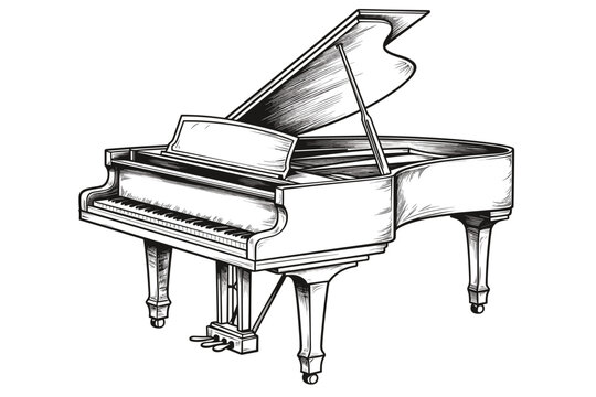 Vector black and white illustration of a grand piano in engraving style