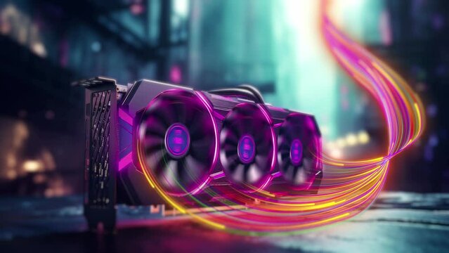 Powerful Digital Graphics Card Calculations: Visual Effects GPU in 3D Video Loop Technology Concept