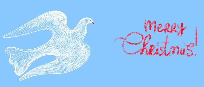 Banner lungo azzurro con colomba bianca pasquale con scritta disegnata a mano Felice Natale!