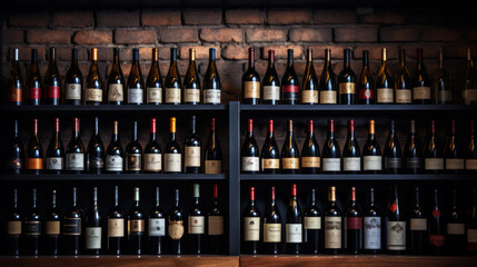 Group of old wine bottles in the ancient cellar. Vinery concept. Front view. Generative AI