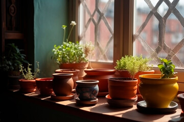 colorful clay pots with large herbs are placed on the festive board, window, sunshine