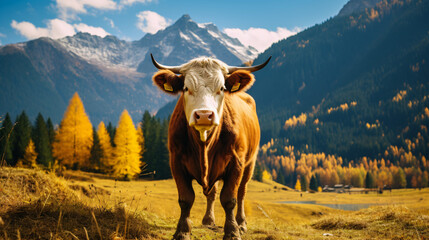 A cow on the autumnal meadow uner the Tatra Mountain - obrazy, fototapety, plakaty