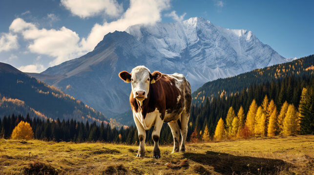 A cow on the autumnal meadow uner the Tatra Mountain
