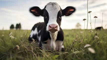 Gordijnen a black and white baby cow in a farm © Samuel