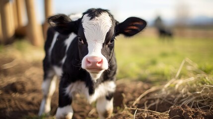 a black and white baby cow in a farm