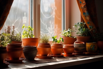 colorful clay pots with large herbs are placed on the festive board, window, sunshine